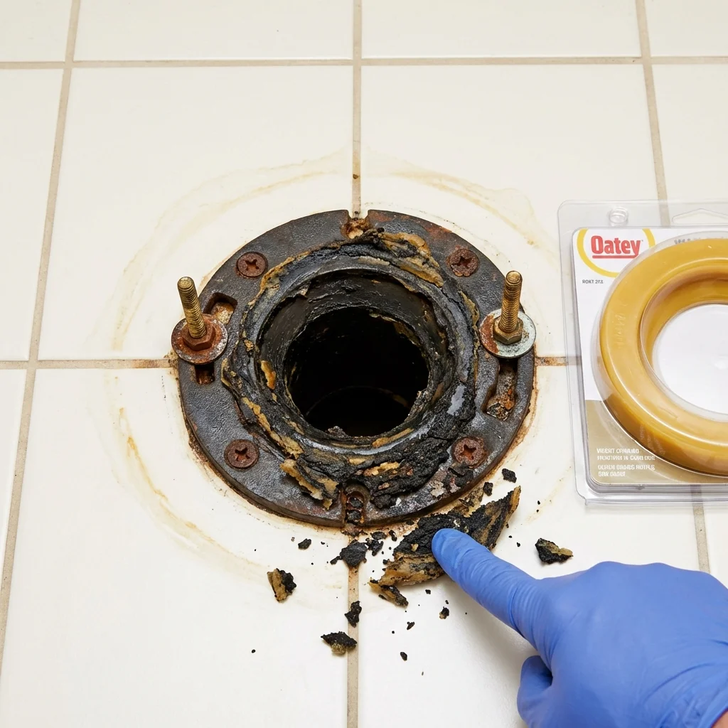 Failed wax ring showing water seepage at the base of a toilet in a Rockport, MA home