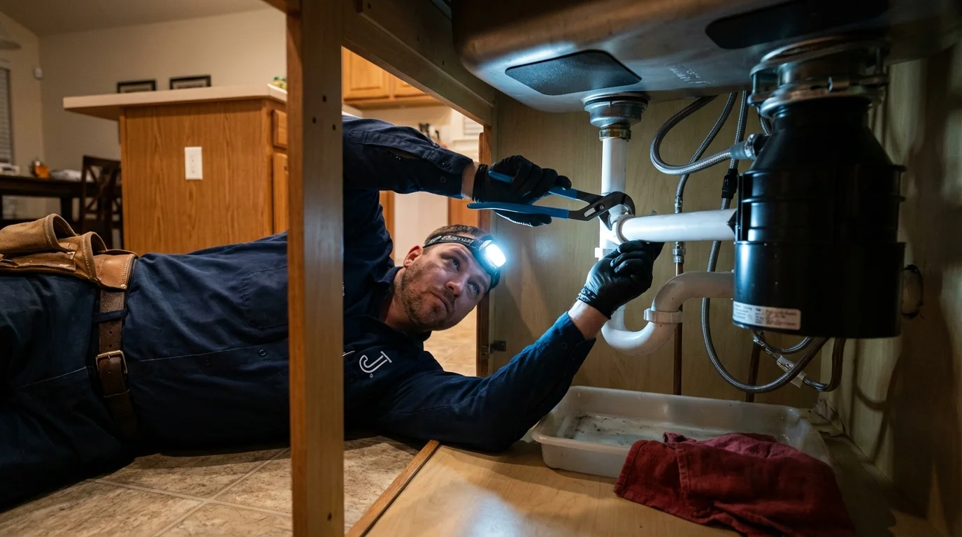 P-trap and supply line connections under a kitchen sink showing a common leak point in Rockport, MA